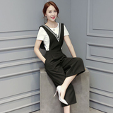 2016夏装新款女装韩版时尚套装短袖T恤V领背带裤九分阔腿裤两件套