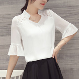 韩国中袖雪纺衫夏天女七分袖白色衬衫配长裙的上衣短袖t恤衫短款