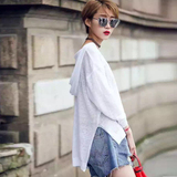 2016韩国夏季亚麻针织衫女套头宽松长袖连帽防晒衫空调衫薄款大码