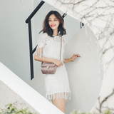 （送吊带）小维2016夏季新款白色气质短裙女神镂空蕾丝流苏连衣裙