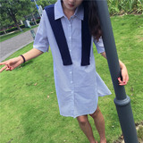 韩国学院风蓝白竖条纹显瘦中长款短袖衬衫裙子配披肩假两件