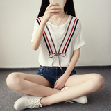 2016夏季新款韩版时尚甜美蝴蝶结宽松气质百搭短袖套头学生衬衫女