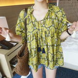 韩国代购东大门夏 女人味复古印花七分袖宽松娃娃系带流苏V领衬衫