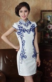 唐雅阁1553绣珠片青花瓷盘花蕾丝时尚改良中式棉质旗袍连衣裙短袖