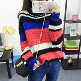 韩版学生针织衫宽松大码女装线衣外套中长款套头毛衣女条纹打底衫