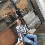 米莎2016秋装新款女装韩版宽松休闲学院风撞色条纹棉麻衬衫长袖