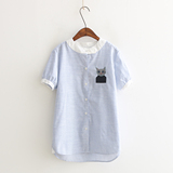 2016夏季新款日系森女系猫咪刺绣细条纹立领短袖衬衫女学生半袖衫