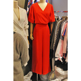 红色2016夏装新款女装纯色简约个性V领连体裤短袖宽松长裤连体衣