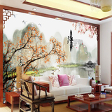 中式山水花鸟背景墙纸 无缝无纺布简约壁纸 小船天鹅荷花梅花壁画
