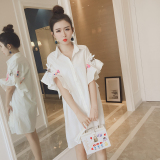 2016秋季新款韩版女装小娃娃装饰荷叶袖宽松中长款白衬衫女衬衣裙