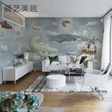 定制壁画 环保儿童墙纸壁画 现代卧室背景墙鲸鱼潜艇手绘墙纸壁画