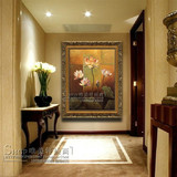 欧式油画纯手绘古典荷花卉装饰画客厅玄关餐厅卧室竖版美式LKJ-01