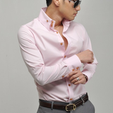 男韩版修身长袖棉衬衫免烫百搭时尚英伦休闲粉红高领商务职业衬衣