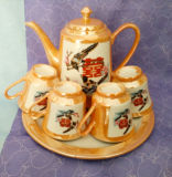 怀旧老库存 80年代瓷器 唐山陶瓷 茶具 茶壶一套黄釉 喜鹊登枝