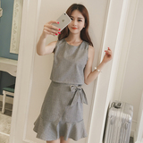 2016夏季新款韩版圆领无袖格子背心两件套荷叶边鱼尾短裙套装
