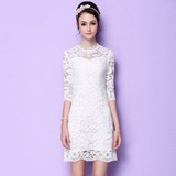 2016新款秋季女装七分袖打底裙蕾丝圆领修身中长款显瘦白色连衣裙