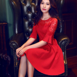 2016春夏装新款红色蕾丝拼接礼服喇叭袖修身显瘦大码连衣裙短裙子