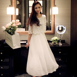 中袖韩系连衣裙仙女蕾丝雪纺假两件白裙夏天新款女士带袖长裙夏裙