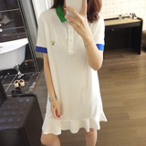 夏季韩版学院风短袖POLO裙中长款下摆荷叶边拼色裙子女球拍绣花潮