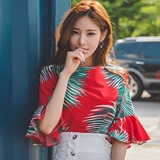 韩国代购正品夏季女装唯美印花喇叭袖知性高腰包臀开叉套装连衣裙