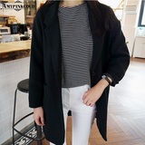 2016韩版新款女式春秋黑色单排扣个性中长款茧型西装外套3703