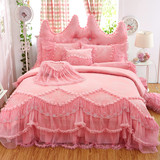 新款婚庆贡缎蕾丝床裙四件套 结婚床上用品粉色