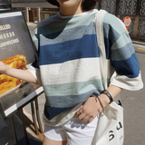 现货 韩国代购正品女装夏装新  可爱条纹撞色 青春五分袖宽松T恤