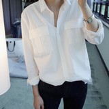 16早秋新款韩版白色长袖衬衫女中长款宽松大口袋文艺纯色打底衬衣