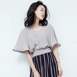 夏季韩版纯色v领宽松显瘦收腰短款喇叭袖雪纺衫女短袖荷叶边上衣