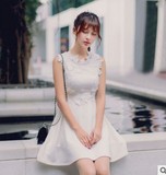 2016夏季新品女时尚气质甜美淑女优雅韩版暗纹立体花朵无袖连衣裙