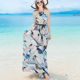 2016时尚清新3D印花大码雪纺沙滩裙性感挂脖波西米亚海边度假裙