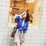 衬衣女韩版夏季2016短款防晒衣宽松女士蓝色格子衬衫女长袖薄款