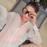 甜心家2016夏装新款女装韩版V领透视雪纺白色衬衫长袖防晒衣服潮