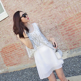 韩国代购2016夏装假两件钉珠背心套装裙中裙白色蓬蓬雪纺连衣裙潮