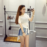 2016夏季新款 韩版女装开叉不规则中长款套头针织衫短袖上衣Y1601