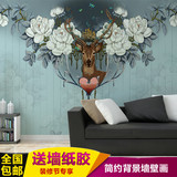 手绘花卉麋鹿大型壁画 欧式复古卧室客厅电视背景墙壁纸 个性环保
