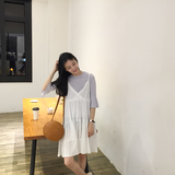 韩国订单 2016夏季新品大V领清新减龄多层次蛋糕裙吊带纯色连衣裙