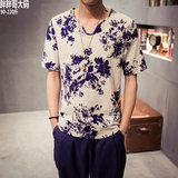 2016夏季男装韩版民族亚麻短袖t恤加大码复古男士中国风潮流上衣