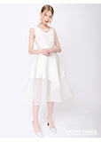 糖力2016夏装新款欧美 白色简约网格面料修身显瘦V领无袖连衣裙