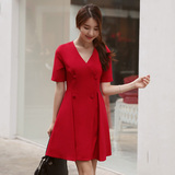 韩国代购夏新气质V领双排扣短袖正红色通勤A字短裙连衣裙1270