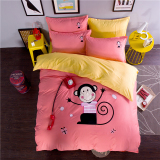 卡通可爱猴粉色四件套全棉韩式儿童1.5m床刺绣单双人被套床笠1.8m