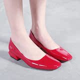 MASOOMAKE欧美性感红色漆皮浅口单鞋女 秋季新品低跟套脚方头女鞋