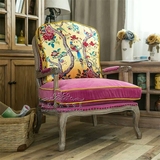 直销美式实木做旧单人沙发椅 布艺印花老虎椅 客厅卧室休闲沙发