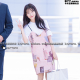 2016夏韩国新品 IU李知恩明星同款粉色吊带印花+特种绣V领连衣裙