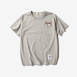 子俊日系夏装男士复古短袖T恤男卡通刺绣猫短T宽松半袖打底体恤衫