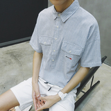 子俊2016夏季休闲衬衣卡通笑脸印花条纹宽松半袖韩版男士短袖衬衫