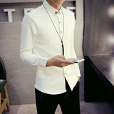 韩版修身男士春款白色长袖衬衣春装时尚个性男衬衫青年潮纯色