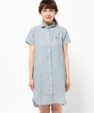 日本户外 日系女士棉麻亚麻中长款休闲短袖衬衫裙连衣裙 蓝色条纹