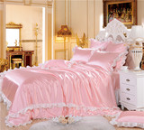 韩式冰丝四件套双人仿天丝绸缎面4件套纯色公主花边被套床单特价