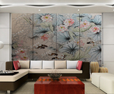 新中式手绘背景墙 实木活动漆画屏风 客厅折叠隔断酒店装饰金箔画